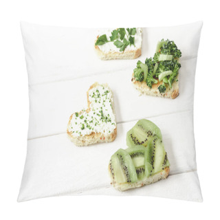 Personality  Heart Shaped Canape With Creamy Cheese, Broccoli, Microgreen, Parsley And Kiwi On White Wooden Surface Pillow Covers