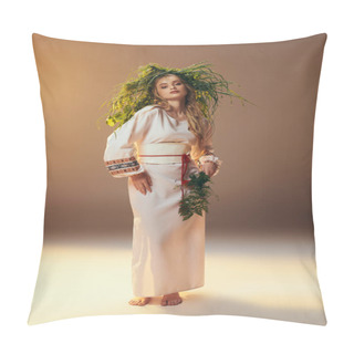 Personality  A Young Mavka In A White Dress Is Adorned With A Wreath, Embodying A Fairy-like Presence In A Fantasy Studio Setting. Pillow Covers