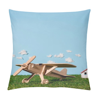 Personality  Wooden Toy Plane On Green Grass And Blue Sky With Clouds Pillow Covers