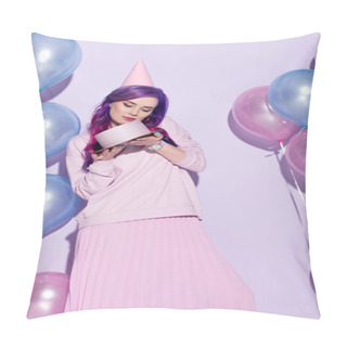 Personality  Beautiful Young Woman With Birthday Cake And Balloons Pillow Covers