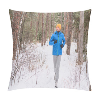Personality  Handsome Young Man In Hat Running On Snowy Path In Beautiful Forest While Training Alone Pillow Covers