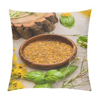 Personality  Bowl With Herb, Wildflowers, Green Leaves On Concrete Background, Naturopathy Concept Pillow Covers