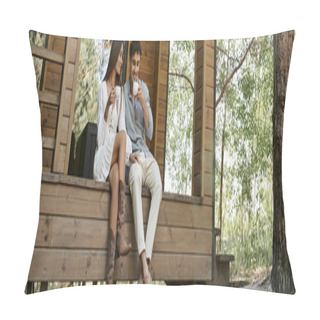 Personality  Banner, Happy Couple Holding Cups Of Coffee, Man And Woman On Porch Of Vacation House, Forest Pillow Covers