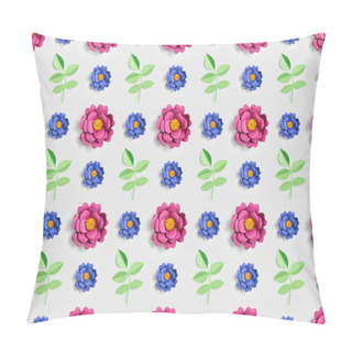 Personality  Green Plants With Pink And Blue Paper Flowers On Grey, Seamless Background Pattern Pillow Covers