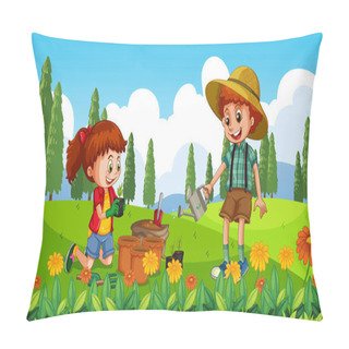 Personality  Nature Scene Background With Boy And Girl Planting Tree In Garden Illustration Pillow Covers