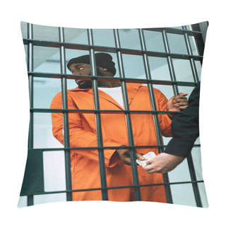 Personality  Cropped Image Of African American Prisoner Giving Money To Security Guard As Bribe Pillow Covers