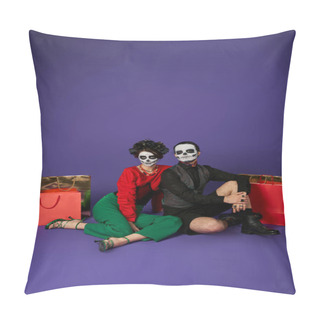 Personality  Dia De Los Muertos Couple In Scary Skeleton Makeup Sitting Near Shopping Bags On Blue, Full Length Pillow Covers