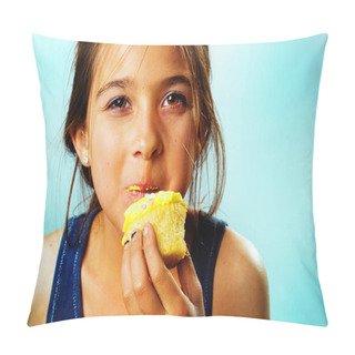 Personality  Young Girl Biting Cupcake Closeup. Pillow Covers