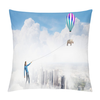 Personality  Woman And Rhino Flying In Sky Pillow Covers