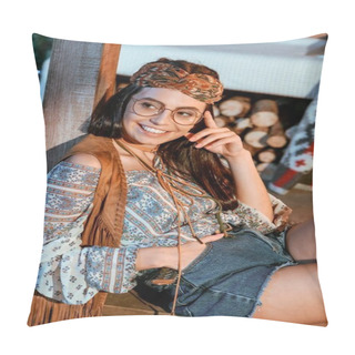 Personality  Smiling Bohemian Girl In Glasses Pillow Covers