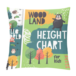 Personality  Cute Woodland Vector Height Chart Meter For Kids With Animals: Fox, Bear, Hedgehog, Trees, Plants, Nature Pillow Covers