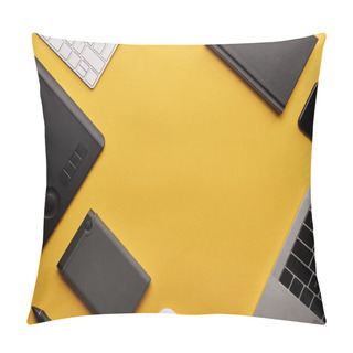 Personality  Top View Of Various Wireless Gadgets On Yellow Surface Pillow Covers