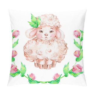 Personality  Cute Cartoon Sheep And Flowers Wreath; Watercolor Hand Draw Illustration; Can Be Used For Cards Or Interior Posters; With White Isolated Background Pillow Covers
