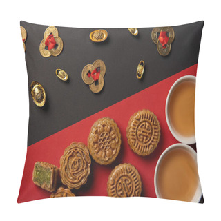 Personality  Top View Of Mooncakes, Feng Shui Coins And Cups With Tea On Red And Black Background Pillow Covers