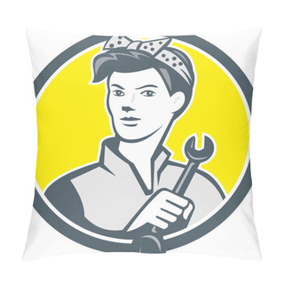 Personality  Female Mechanic Worker Holding Wrench Retro Pillow Covers