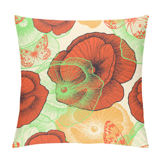 Personality  Seamless Pattern With Red Poppies And Butterflies, Hand-drawing. Pillow Covers