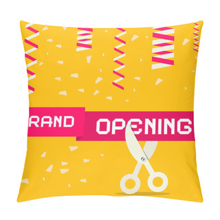 Personality  Retro Grand Opening Vector Illustration With Confetti And Scissors On Yellow Background Pillow Covers