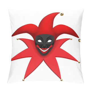 Personality  Black Joker Mask In Red Jester Hat Isolated On White. Three Dimensional Stylized Drawing. Vector Illustration Pillow Covers