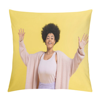 Personality  Optimistic African American Woman With Trendy Hairstyle Smiling At Camera And Waving Hands Isolated On Yellow Pillow Covers