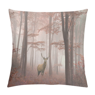 Personality  Beautiful Image Of Red Deer Stag In Foggy Autumn Colorful Forest Pillow Covers