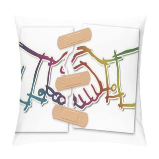 Personality  Ripped Photo Of A Handshake Against A White Background - Concept Image With Adhesive Bandage Pillow Covers