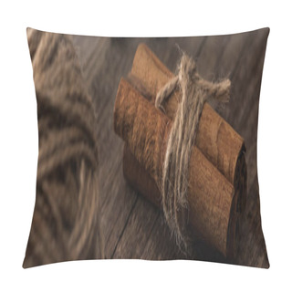 Personality  Selective Focus Of Ball Of Thread And Cinnamon Sticks On Wooden Surface, Panoramic Shot Pillow Covers