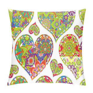 Personality  Seamless Pattern With Collection Colorful Blue Red Green Hearts In Vintage Patchwork Style On White Background. Pillow Covers