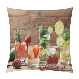 Personality  Lemonades With Lemons, Cucumbers, Limes, Grapefruits, Strawberries, Mint Leaves And Garnet Seeds Served On Wooden Table. Pillow Covers