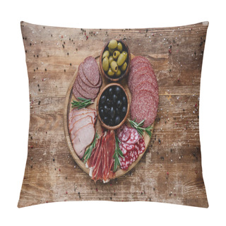 Personality  Top View Of Round Cutting Board With Olives And Sliced Salami, Prosciutto And Ham On Wooden Table With Scattered Spices Pillow Covers