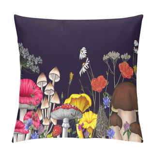 Personality  Vector Illustration Of A Forest Of Mushrooms And Wildflowers. Amanita, Chanterelles, Chamomile, White Mushroom, Clover, Poppy, Morels, Mycena, Dandelion, Russula Pillow Covers