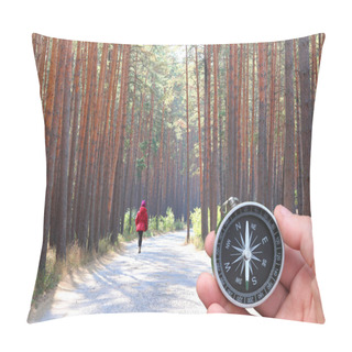 Personality  Round Compass In Hand On Autumn Pine Forest Background And Child In Red Jacket As Symbol Of Tourism With Compass Pillow Covers
