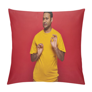 Personality  Emotional Indian Man In Bright Casual Clothes Making Disgusted Expression On Red Background Pillow Covers