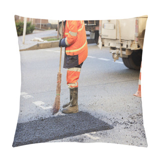 Personality  A Road Builder Collects Fresh Asphalt On Part Of The Road And Levels It For Repair In Road Construction. Pillow Covers