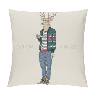 Personality  Deer Hipster Drinking Coffee Pillow Covers