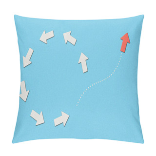 Personality  Top View Of Red Pointer And White Arrows In Circle On Blue Marked Background Pillow Covers