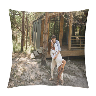 Personality  Man Hugging Woman Near Vacation House, In Forest, Summer And Romance, Happiness And Laughter Pillow Covers