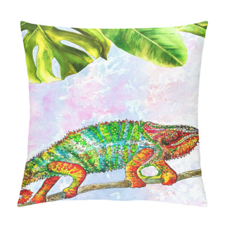 Personality  Template Design With Watercolor Painted Tropical Leaves. Vertical Format. Illustration, Full-color Chameleon, Color Lizard, Watercolor Chameleon Pillow Covers