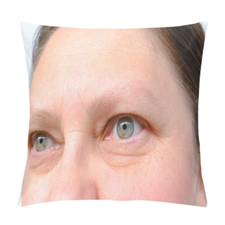 Personality  Eyes Of An Elderly Woman With Wrinkles On The Eyelids, Part Of The Face Close-up, Overhanging Eyelid, The Concept Of Age-related Changes In Human Skin Pillow Covers