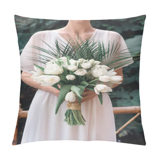 Personality  Cropped View Of Bride Posing With Wedding Bouquet  Pillow Covers