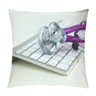 Personality  Silver Stethoscope Lying Down On An Laptop, Toned Blue Pillow Covers