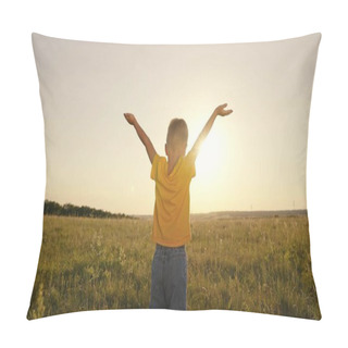 Personality  Happy Child Boy Prays, Spreading His Hands To The Sides At Sunset, Kid Praying To The Sun In Sky, Pulling Helping Hand, Enjoying Freedom Outdoors Walking In Nature In Park, Inspiring Childhood Dream Pillow Covers
