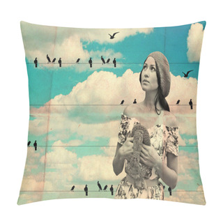 Personality  Collage With Woman And Birds Pillow Covers
