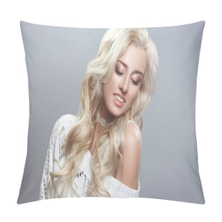 Personality  Beauty Portrait Of A Sunny Sexy Blond Girl With Chic Curls Isolated On A Gray Background. Pillow Covers