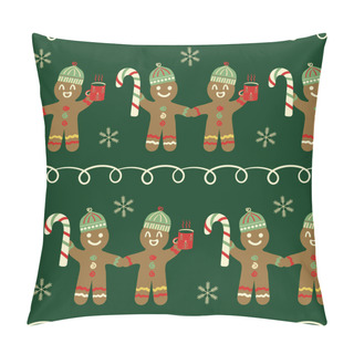 Personality  Cute Gingerbread Men, Candy Canes, Doodle Lines Seamless Vector Pattern Background. Traditional Christmas Motifs On Dark Green Backdrop. Fun Festive Hand Drawn Naive Style Repeat For Happy Holidays. Pillow Covers