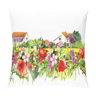 Personality  Country Landscape With Meadow Flowers, Grass, Herbs. Watercolor Floral Border - Idyllic Rural Houses Scene. Repeating Stripe Pattern. Pillow Covers
