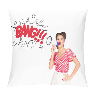 Personality  Portrait Of Fashionable Young Woman In Pin Up Style Clothing With Comic Style Boom Explode Out Of Loudspeaker Isolated On White Pillow Covers