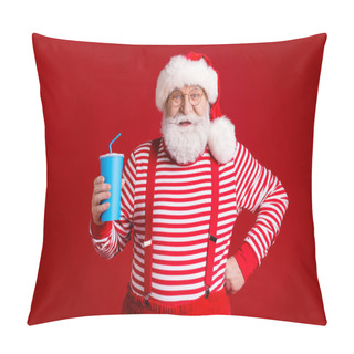 Personality  Photo Of Retired Old Man Grey Beard Self-assured Hold Cup Soda Hand Hip Prepare Quench Thirst Wear Santa Costume Suspenders Spectacles Striped Shirt Headwear Isolated Red Color Background Pillow Covers