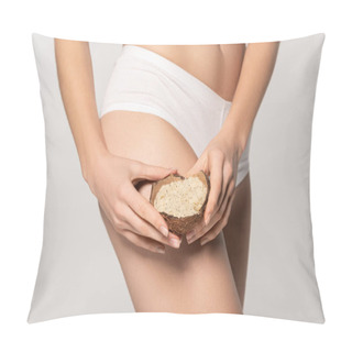 Personality  Cropped View Of Girl Holding Coconut Scrub In Coconut Shell, Isolated On Grey Pillow Covers