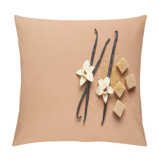 Personality  Aromatic Vanilla Sugar, Flowers And Sticks On Brown Background Pillow Covers