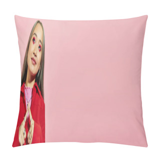Personality  Pleased Young Asian Woman With Heart Shaped Eye Makeup Smiling And Looking Away On Pink, Banner Pillow Covers